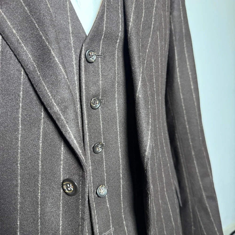 Polo‎ Ralph Lauren 3-Piece Suit Men 40R 34W Brown Stripe Wool Cashmere Italy